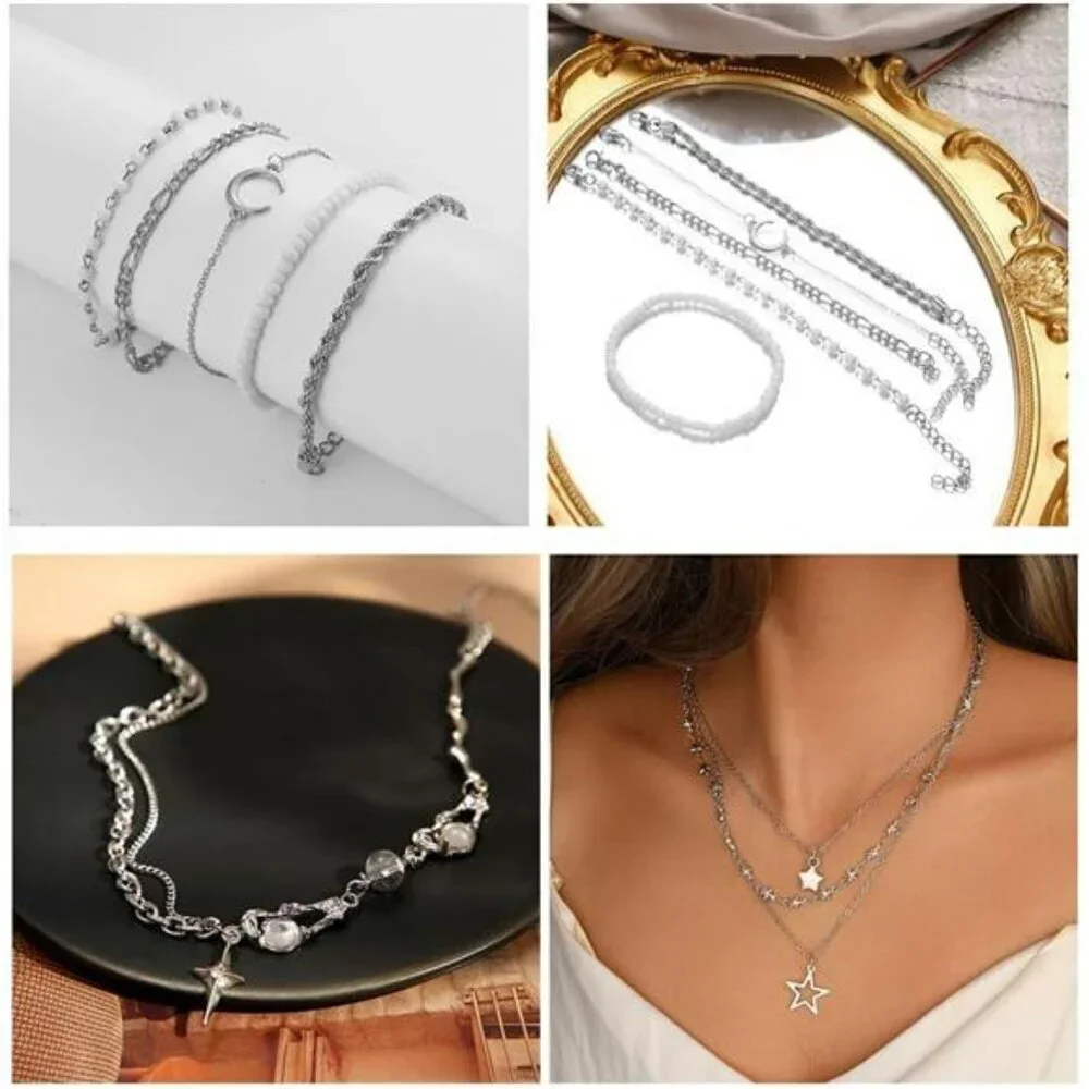 37pcs silver jewelry set necklaces bracelets hoop earrings rings cuffs for women